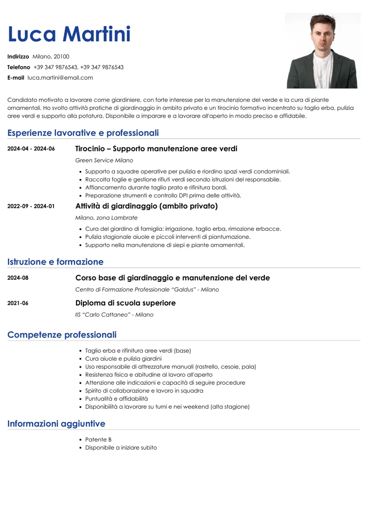 Esempio di curriculum per un giardiniere senza esperienza